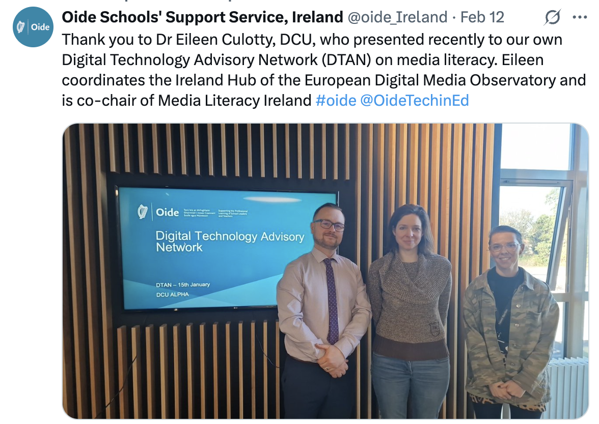 EDMO Ireland Briefs Oide Advisory Network on Disinformation and Media Literacy in Schools