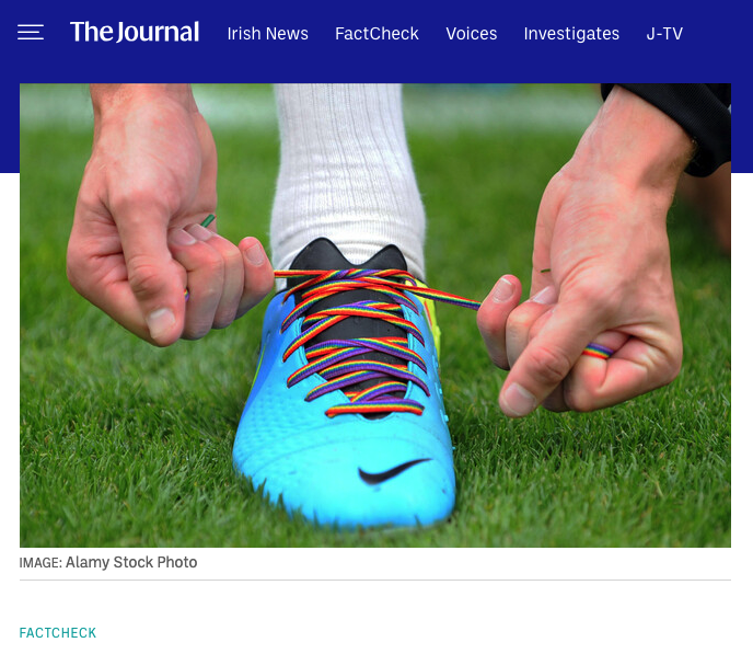 Screenshot of the Journal.ie story Debunked: No, the Premier League has not banned players from wearing rainbow-coloured bootlaces, includes a stick photo of a football boot with rainbow laces being tied